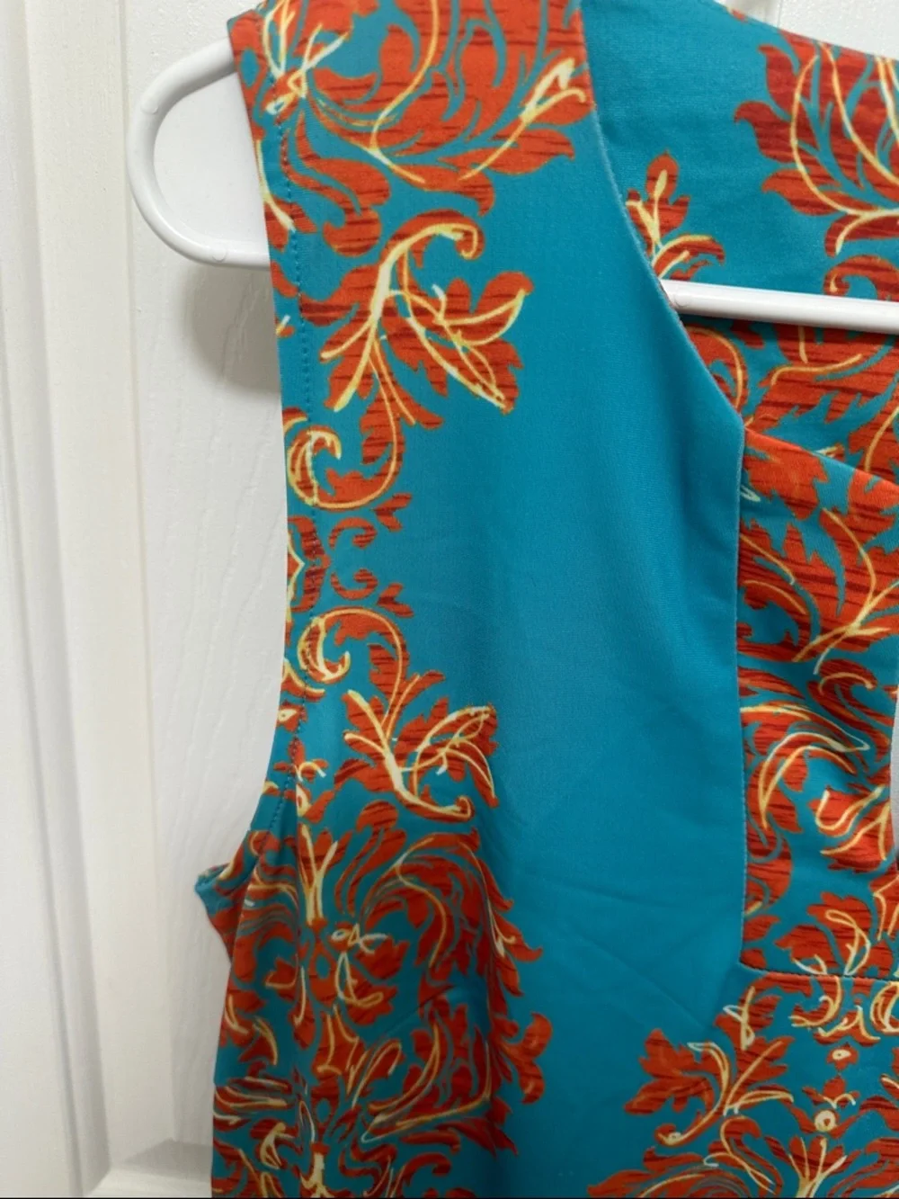 0066 Aryeh Turquoise Sleeveless Dress with Orange Damask Print women’s medium - Picture 3 of 6